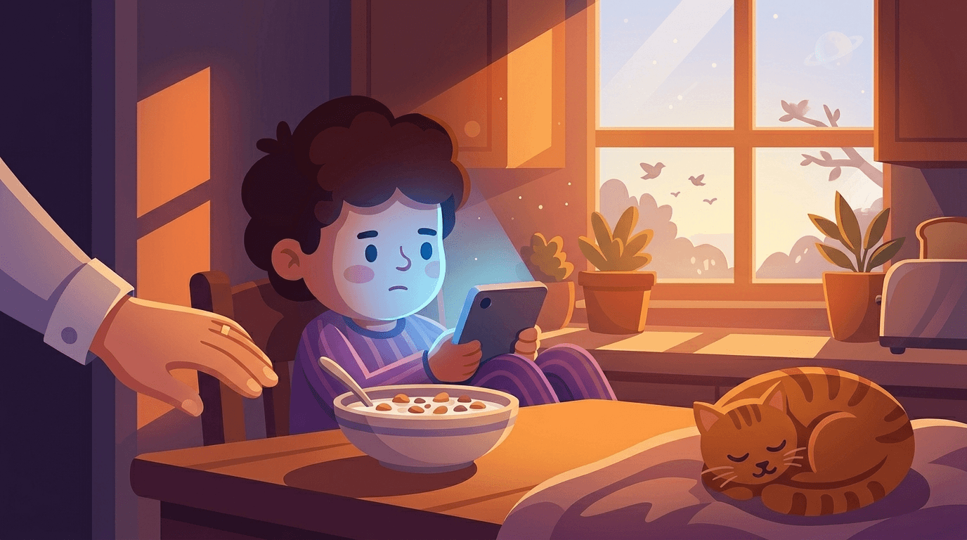 Family in the living room, each absorbed in their own screen