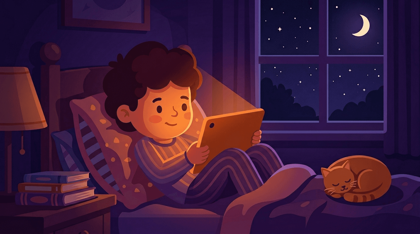 Child in bed at night with tablet, stars outside