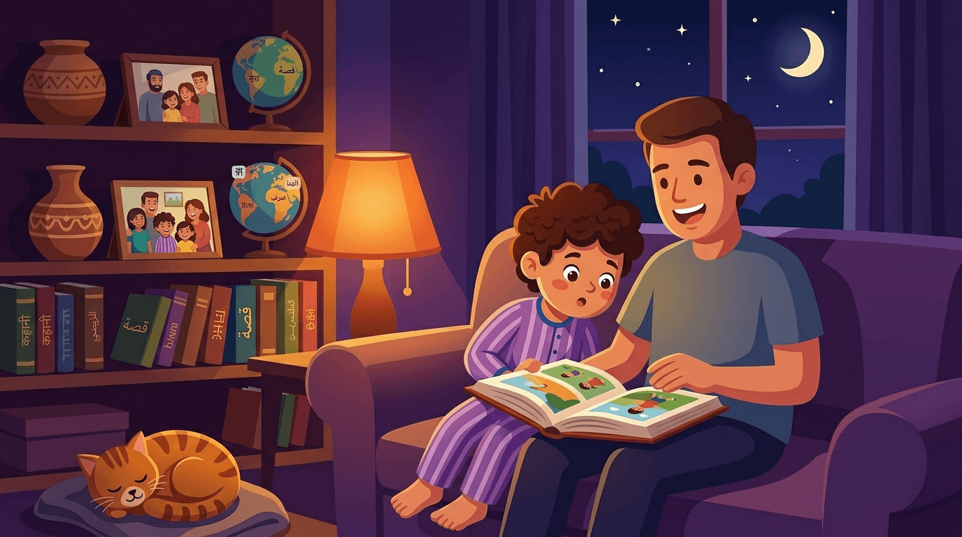 A parent reading to a child — the heritage language passed down through story